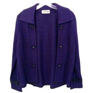Vtg San Remo Cardigan Sweater Wn M Dark Purple Open Knit Preppy Old Money USA